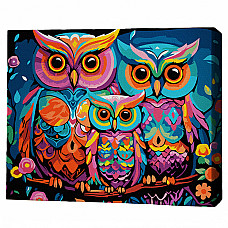 Pictură pe numere 30*40 сm (pânză neagră/fără cutie) – Familia de bufnițe