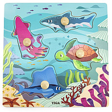Puzzle din lemn cu buton „Animale a..