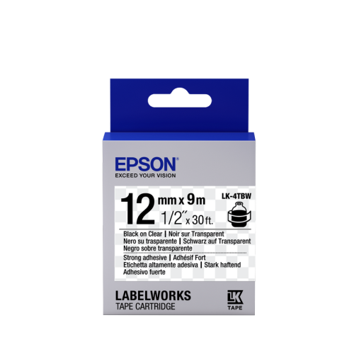 Tape Cartridge EPSON LK4TBW: 12mm/9m, Strong adhesive, Black/Clear, C53S654015
