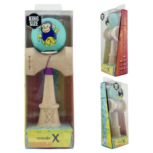 "Kendama Super Sticky X Original", металлический подшипник, веревка 62/65 см, King size 7.5 x 6 x 18 см , "Обезьянка", бирюзовая