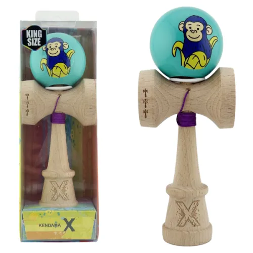 "Kendama Super Sticky X Original", металлический подшипник, веревка 62/65 см, King size 7.5 x 6 x 18 см , "Обезьянка", бирюзовая