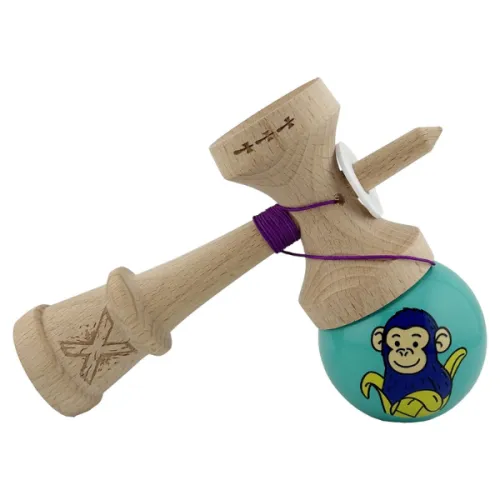 "Kendama Super Sticky X Original", металлический подшипник, веревка 62/65 см, King size 7.5 x 6 x 18 см , "Обезьянка", бирюзовая