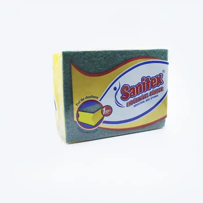 Губка для посуды с пазами, Sanitex, Желтый/Зеленый, Универсальный, Полиуретановая пена/Абразивное волокно, Прямоугольная