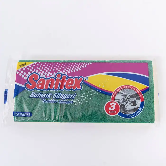 Набор 3 губки для посуды, Sanitex, Полиуретановая пена/Абразивное волокно, Желтый/Зеленый, Прямоугольная, Универсальный