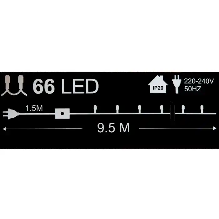 Светодиодная гирлянда, GLOBAL CHRISTMAS, 66 лампочек LED, 8м, Теплый Белый, 8 световых режимов, Чёрный, 220 B, Внутри, IP20