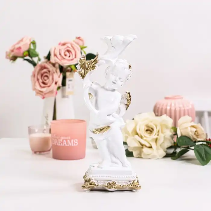 Сувенир ангел с поставкой для свечей, ORIENS, Белый/Золотистый, 32см, Гипс