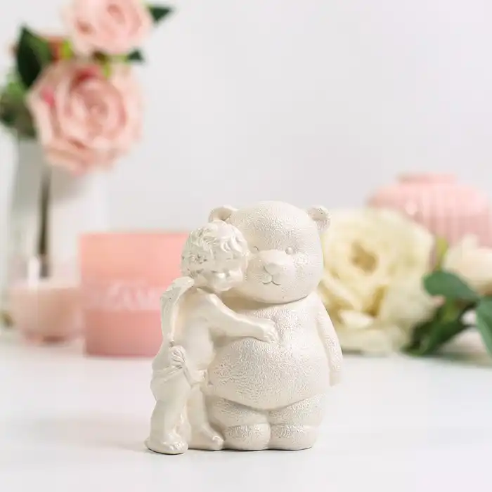 Сувенир ангел с медвежонком, ORIENS, Жемчужный, 13см, Гипс, Белый