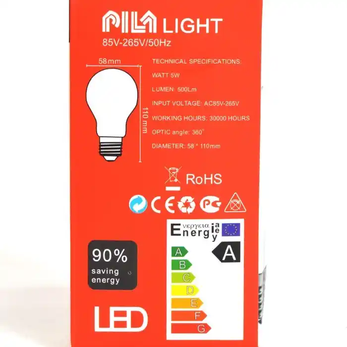 Лампа, PILA, Лед, 5 Вт, Нейтральный 3000K, E 27, 360°, A, 220/240 B, 500 Лм, 30000 ч, 11см, 5.8см