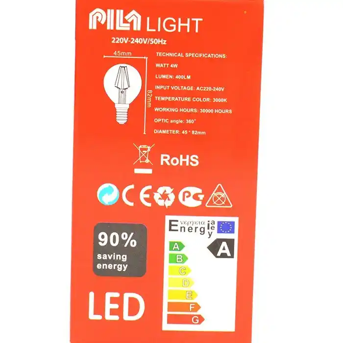 Лампа, PILA, Лед, 4ВТ, G45, Нейтральный 3000K, 400 лм, 30000 ч, 360°, 220/240 B, A