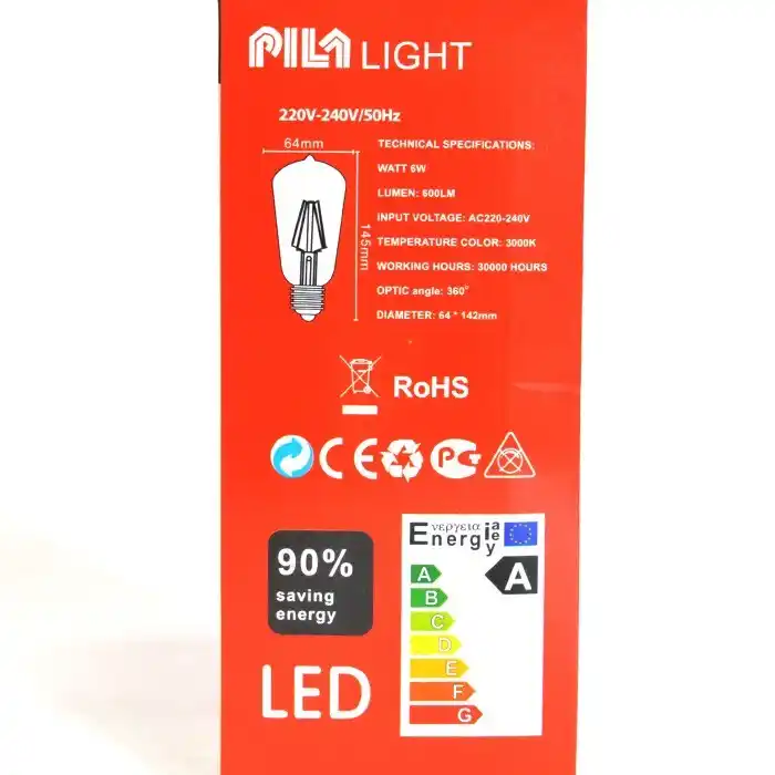 Лампа, PILA, Лед, 6 B, E 27, T64, Нейтральный 3000K, 600Лм, 30000 ч, 360°, 220/240 B, A