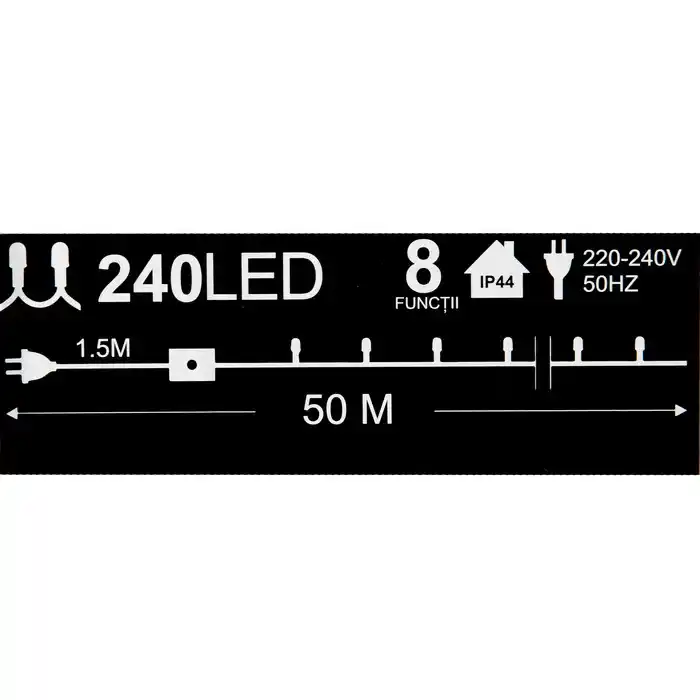 Светодиодная гирлянда, GLOBAL CHRISTMAS, 240 лампочек LED, 50м, Белый, 8 световых режимов, Чёрный, 220 B, Внутри, IP44