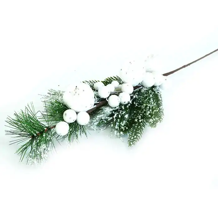 Декоративная ветка с ягодами, GLOBAL CHRISTMAS, Зеленый/Белый, 67см