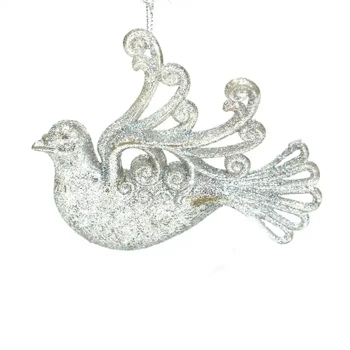 Новогоднее украшение птица 11см, GLOBAL CHRISTMAS, Cеребристый, 11см, Пластик, Блестящий