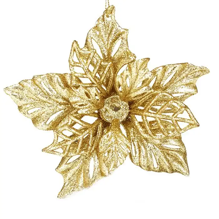 Новогоднее украшение цветок 14см, GLOBAL CHRISTMAS, Золотистый, 14cм, Пластик, Блестящий