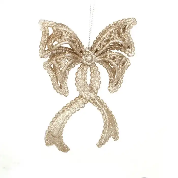 Рождественское украшение бантик, GLOBAL CHRISTMAS, Шампань, 15 см, Пластик, Блестящий