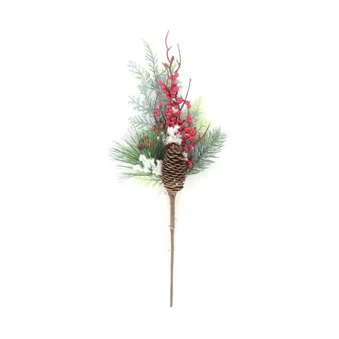 Декоративная ветка, GLOBAL CHRISTMAS, Шишки и Ягоды, Красный, Заснеженная, 39 см