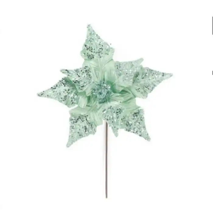 Рождественский цветок, GLOBAL CHRISTMAS, Рождественский цветок, Блестящий, Мятный, 33см