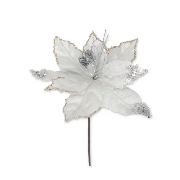 Рождественский цветок, GLOBAL CHRISTMAS, Рождественский цветок, Блестящий, Белый, 32см