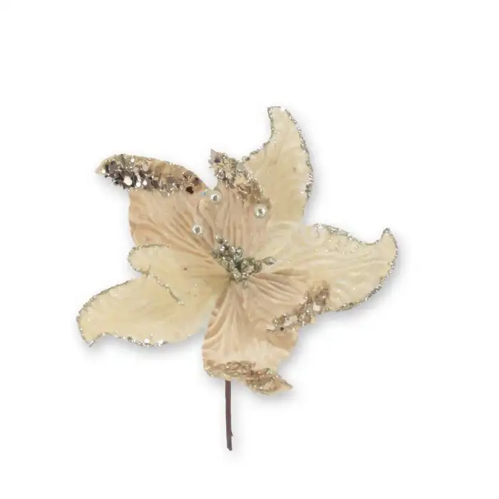 Рождественский цветок, GLOBAL CHRISTMAS, Рождественский цветок, Блестящий, Кремовый/ Кремовый, 22см