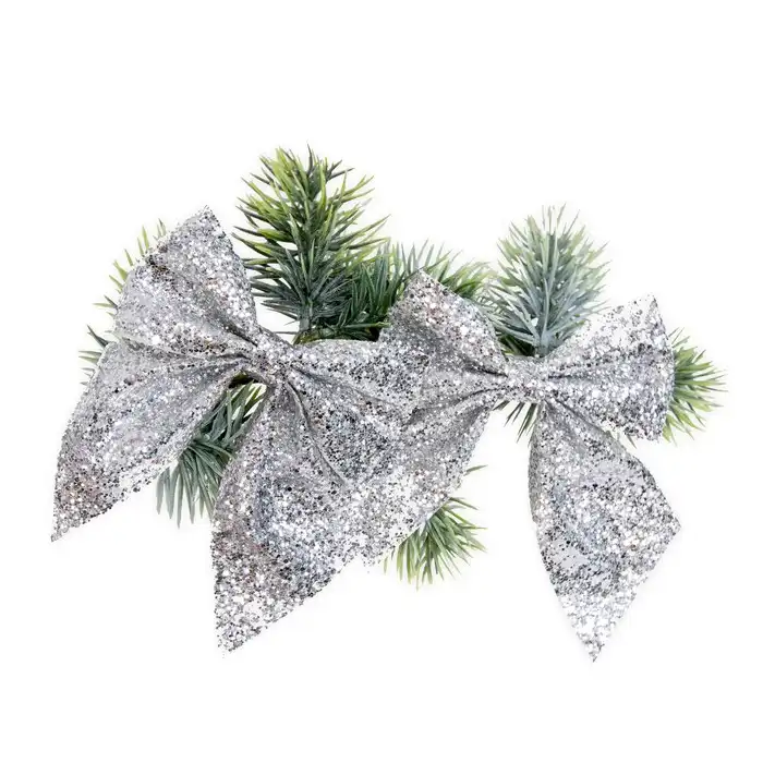 Набор 2 декоративные бантики, GLOBAL CHRISTMAS, Cеребристый, 13см, Блестящий