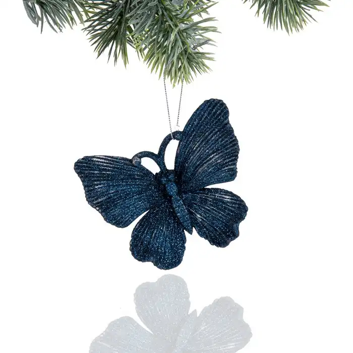 Новогоднее украшение, GLOBAL CHRISTMAS, Бабочка, Синий, Блестящий, 10см, 10.5см
