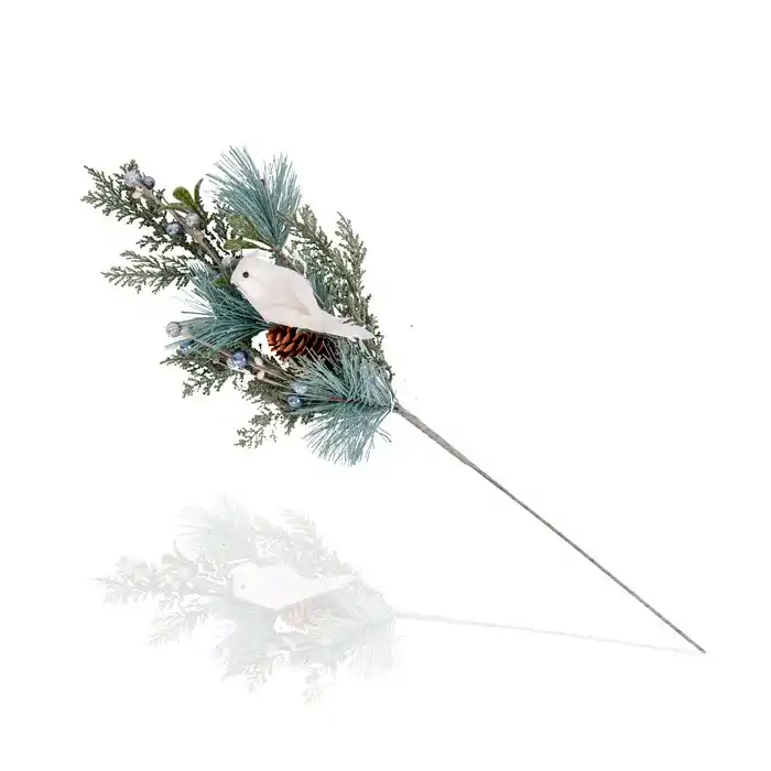 Искусственный цветок, GLOBAL CHRISTMAS, Пластик, 60см, Заснеженная, Серебристый / Белый, Шишки