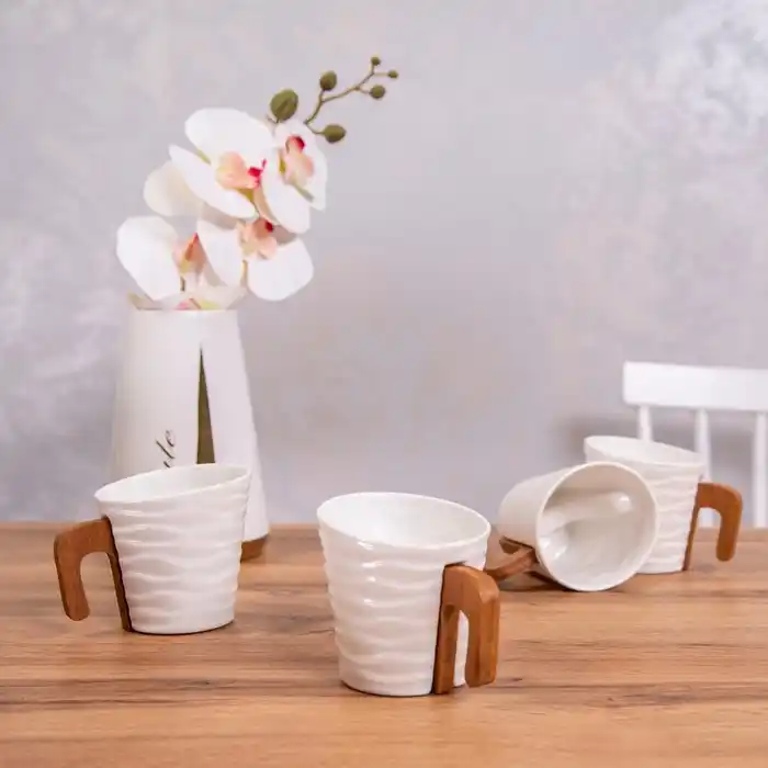 Чайный набор Фарфор/Бамбук, 200мл, Белый/Коричневый, 4 предметa