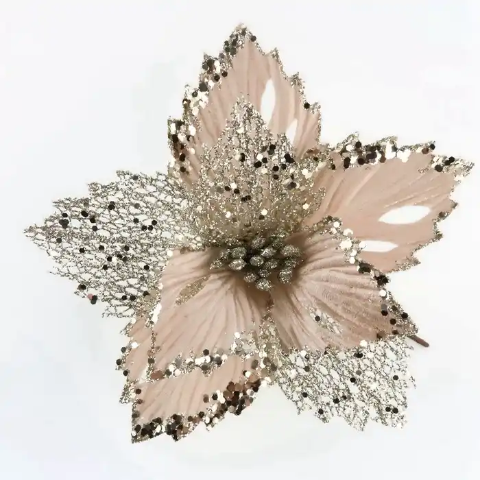Декоративный рождественский цветок, GLOBAL CHRISTMAS, Рождественский цветок, Шампань, 20cм