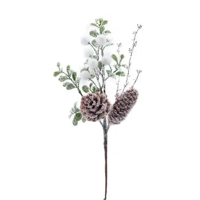 Ветка новогодняя, GLOBAL CHRISTMAS, Шишки и Ягоды, Белый/Коричневый, 36см