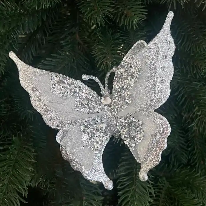 Елочные украшение, GLOBAL CHRISTMAS, Бабочка, 16cм, Cеребристый