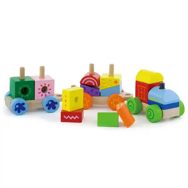 Деревянный поезд-пирамидка с яркими кубиками