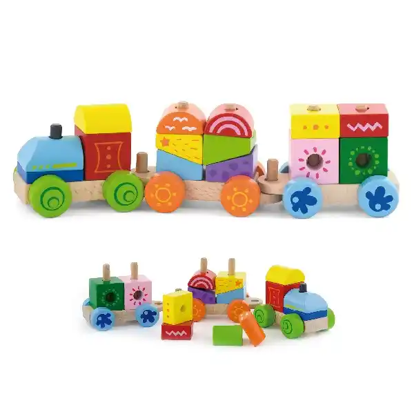Деревянный поезд-пирамидка с яркими кубиками