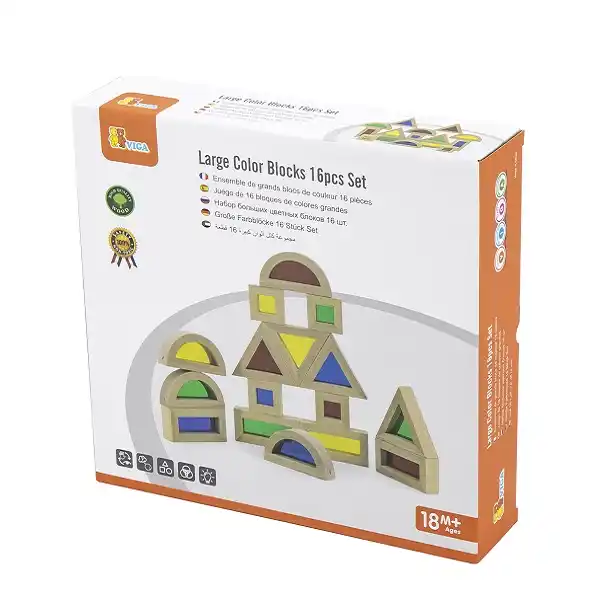 Constructor din lemn cu inserții transparente colorate din 16 elemente