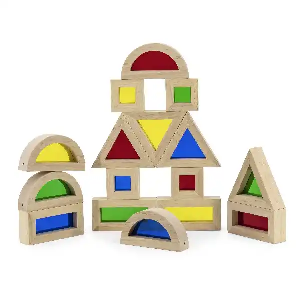 Constructor din lemn cu inserții transparente colorate din 16 elemente