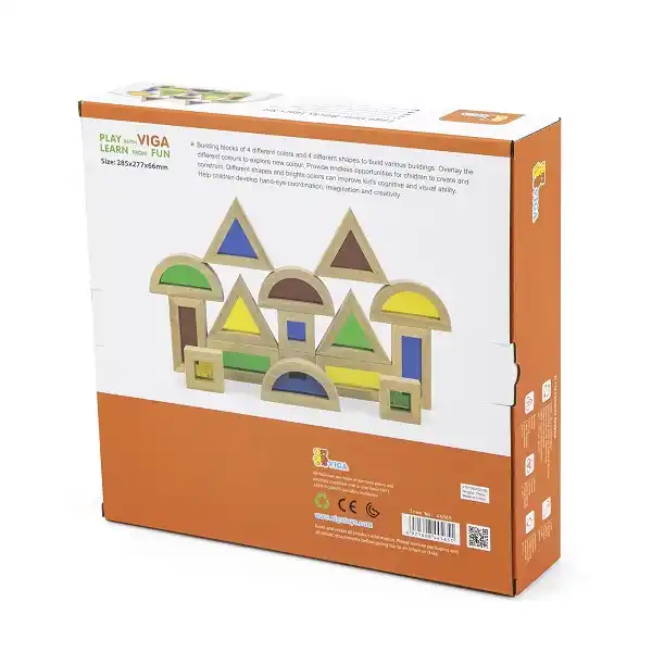 Constructor din lemn cu inserții transparente colorate din 16 elemente