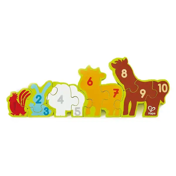 Puzzle din lemn cu cifre „Animalele la fermă”
