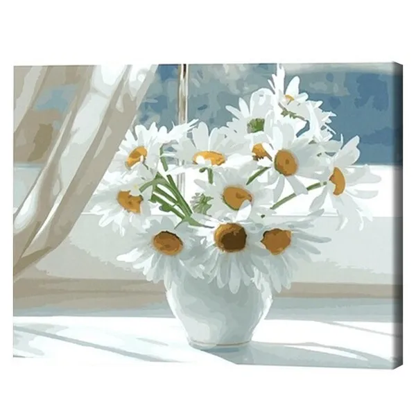 Pictură pe numere 40×50 cm (în cutie) - Margarete într-o vază albă, pe fereastră