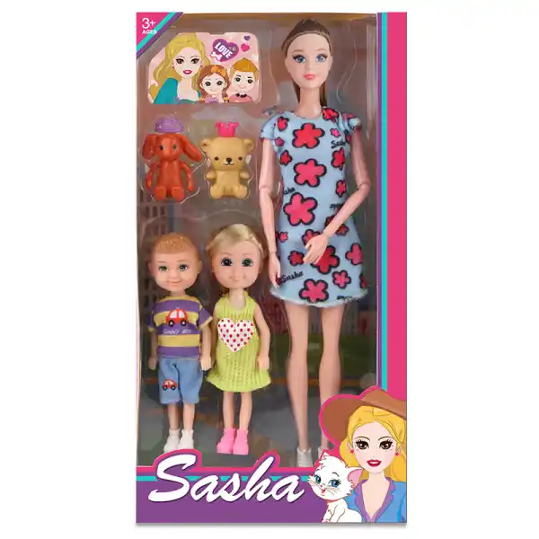 Păpușă Sasha cu doi copii (30cm)