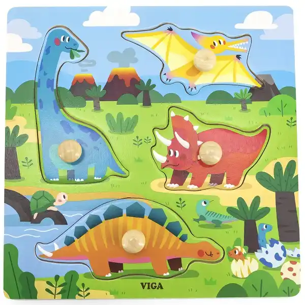 Puzzle din lemn cu buton „Dinozauri”