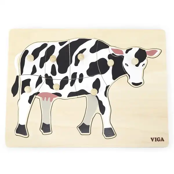 Деревянный Montessori пазл с кнопкой “Корова”