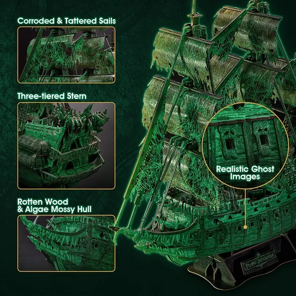 3D puzzle Corabie de pirați “Olandezul zburător”, strălucește în întuneric, 360 elemente