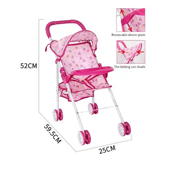 Розовая коляска для кукол, с корзиной