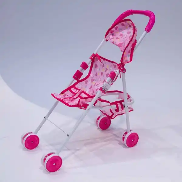 Розовая коляска для кукол, с корзиной