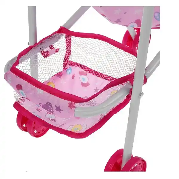 Розовая коляска для кукол, с корзиной
