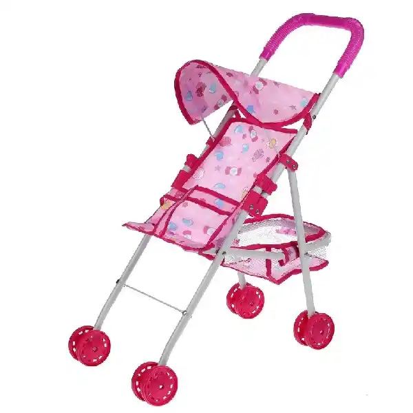 Розовая коляска для кукол, с корзиной