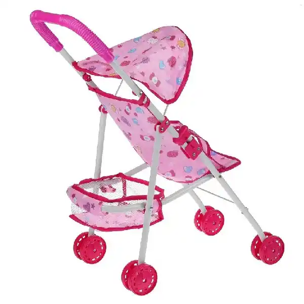 Розовая коляска для кукол, с корзиной