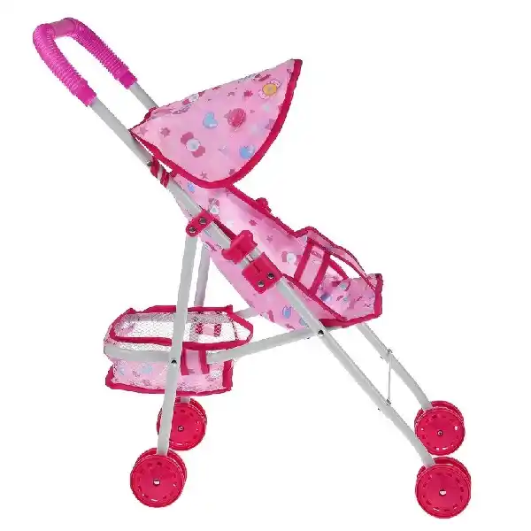 Розовая коляска для кукол, с корзиной