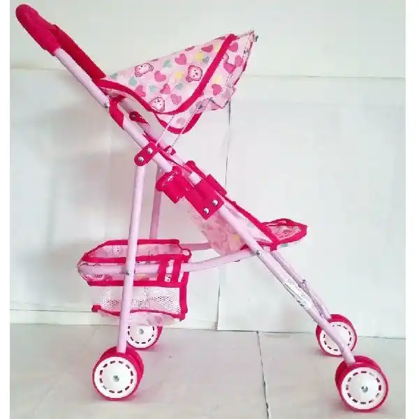 Розовая коляска для кукол, с корзиной