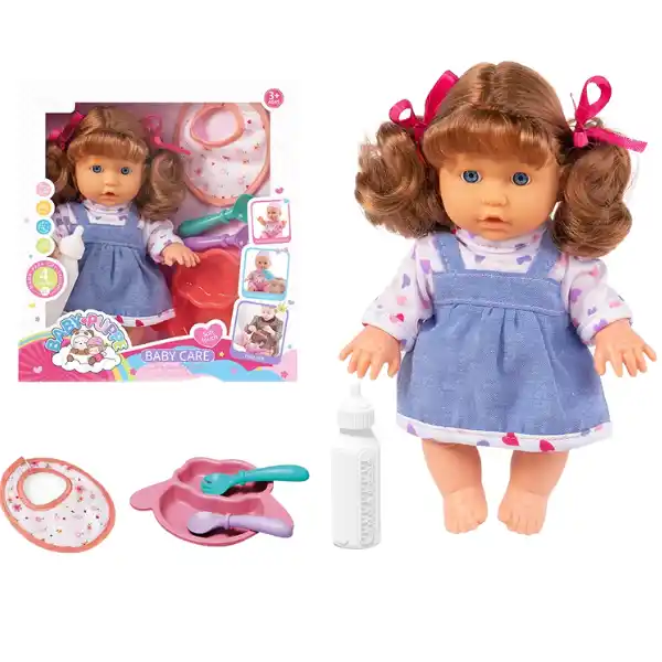 Păpușă muzicală în rochiță albastră și bluziță cu inimioare