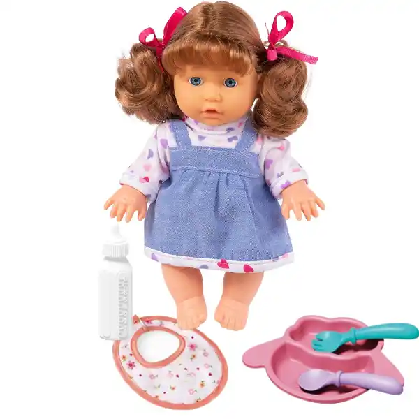 Păpușă muzicală în rochiță albastră și bluziță cu inimioare